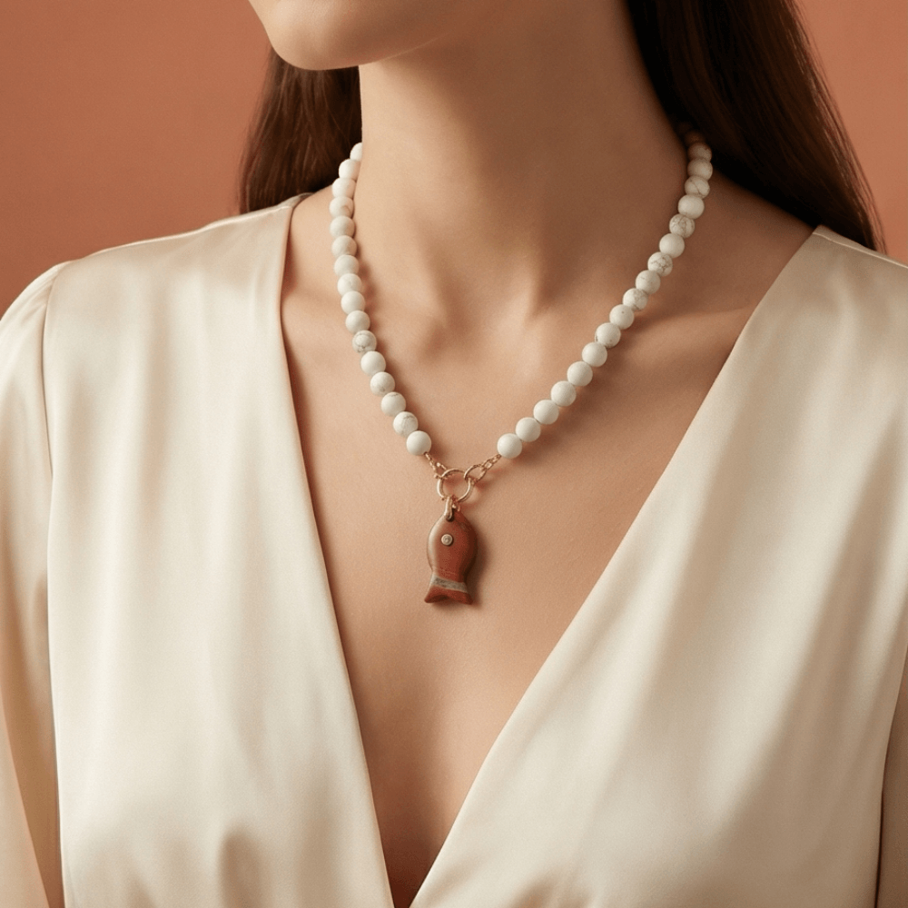 Woman wearing howlite beaded necklace with tiger eye fish charm and gold clasp, 18 inch statement gemstone necklace